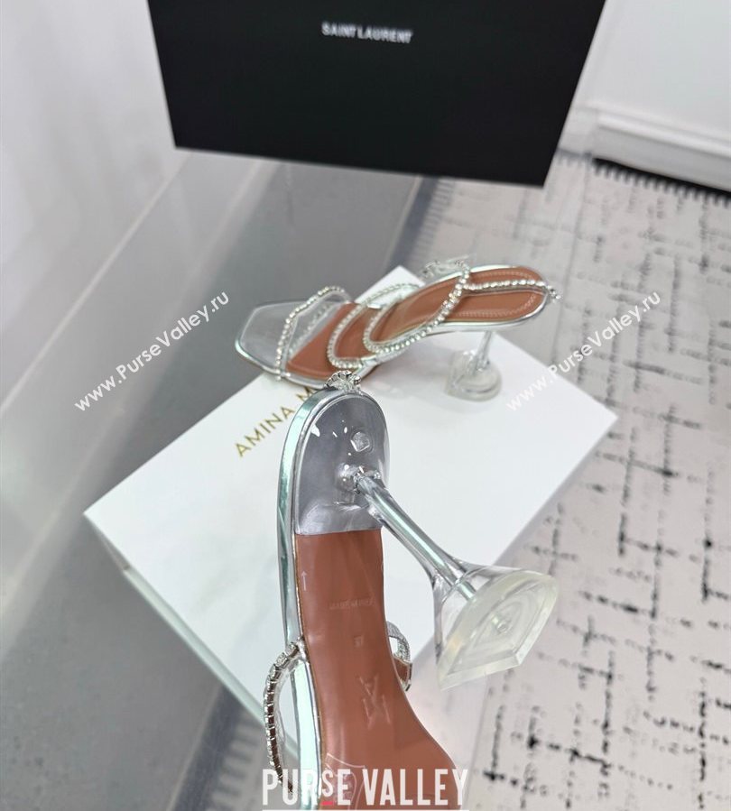 Amina Muaddi Glid Ankle Strap Sandals 9.5cm in PVC and Leather with Strass Silver 2025 AM070902 (KER-250709046)