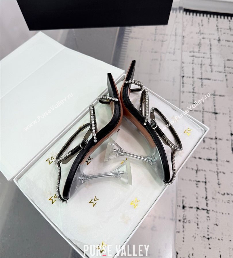 Amina Muaddi Glid Ankle Strap Sandals 9.5cm in PVC and Leather with Strass Black 2025 AM070902 (KER-250709047)