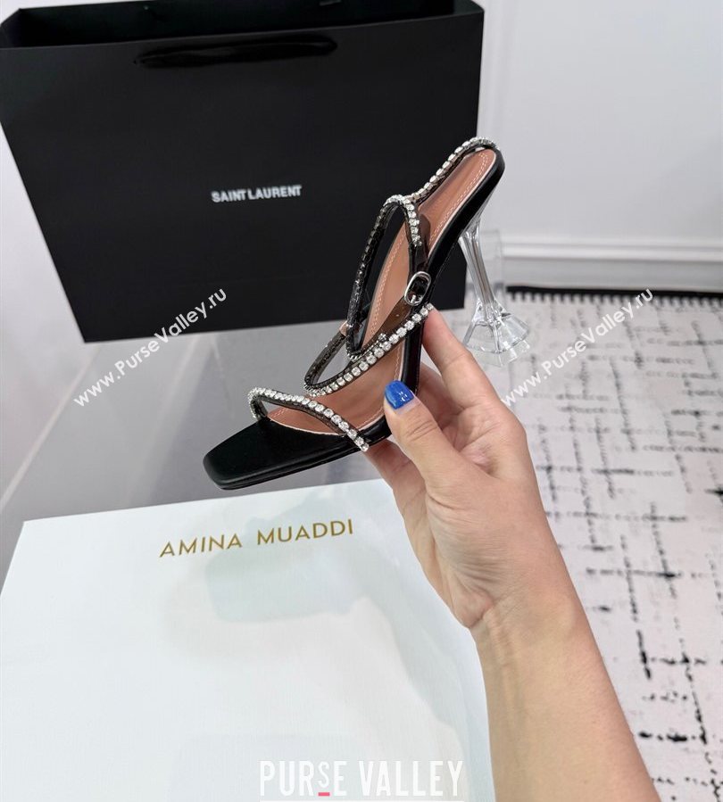 Amina Muaddi Glid Ankle Strap Sandals 9.5cm in PVC and Leather with Strass Black 2025 AM070902 (KER-250709047)