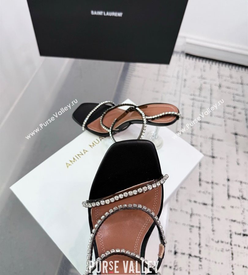 Amina Muaddi Glid Ankle Strap Sandals 9.5cm in PVC and Leather with Strass Black 2025 AM070902 (KER-250709047)