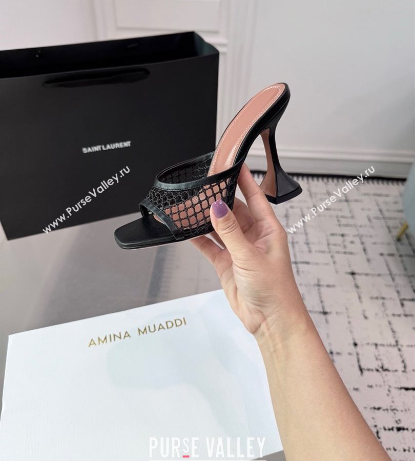 Amina Muaddi Lupita Mesh Heel Slides Sandal 9.5cm Black2 2025 AM070901 (KER-250709040)
