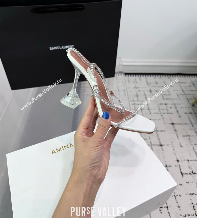 Amina Muaddi Glid Ankle Strap Sandals 9.5cm in PVC and Leather with Strass White 2025 AM070902 (KER-250709048)