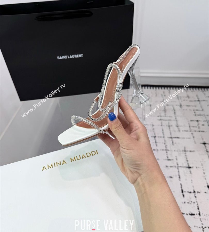 Amina Muaddi Glid Ankle Strap Sandals 9.5cm in PVC and Leather with Strass White 2025 AM070902 (KER-250709048)