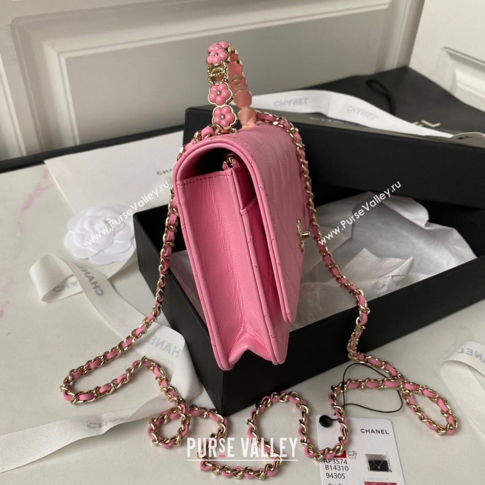 Chanel Lambskin Wallet on Chain WOC with Bloom Handle AP3574 Pink 2023 (yezi-231020002)