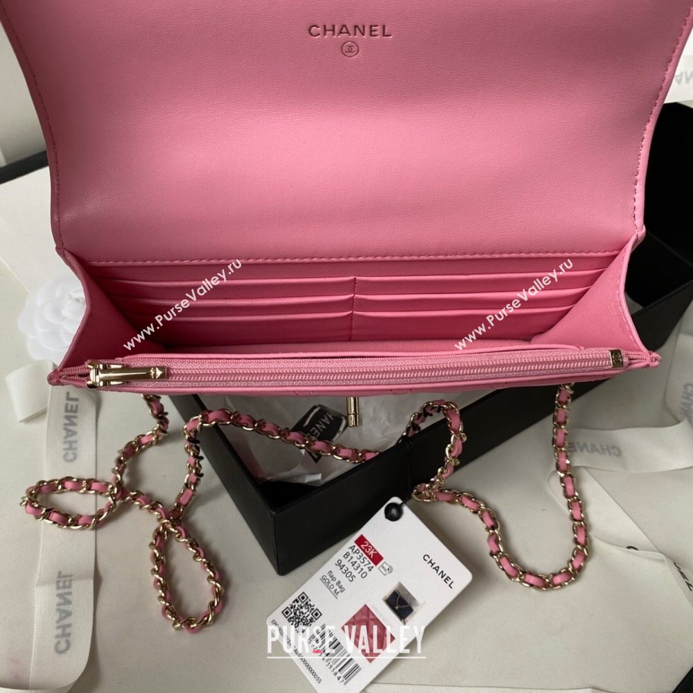 Chanel Lambskin Wallet on Chain WOC with Bloom Handle AP3574 Pink 2023 (yezi-231020002)