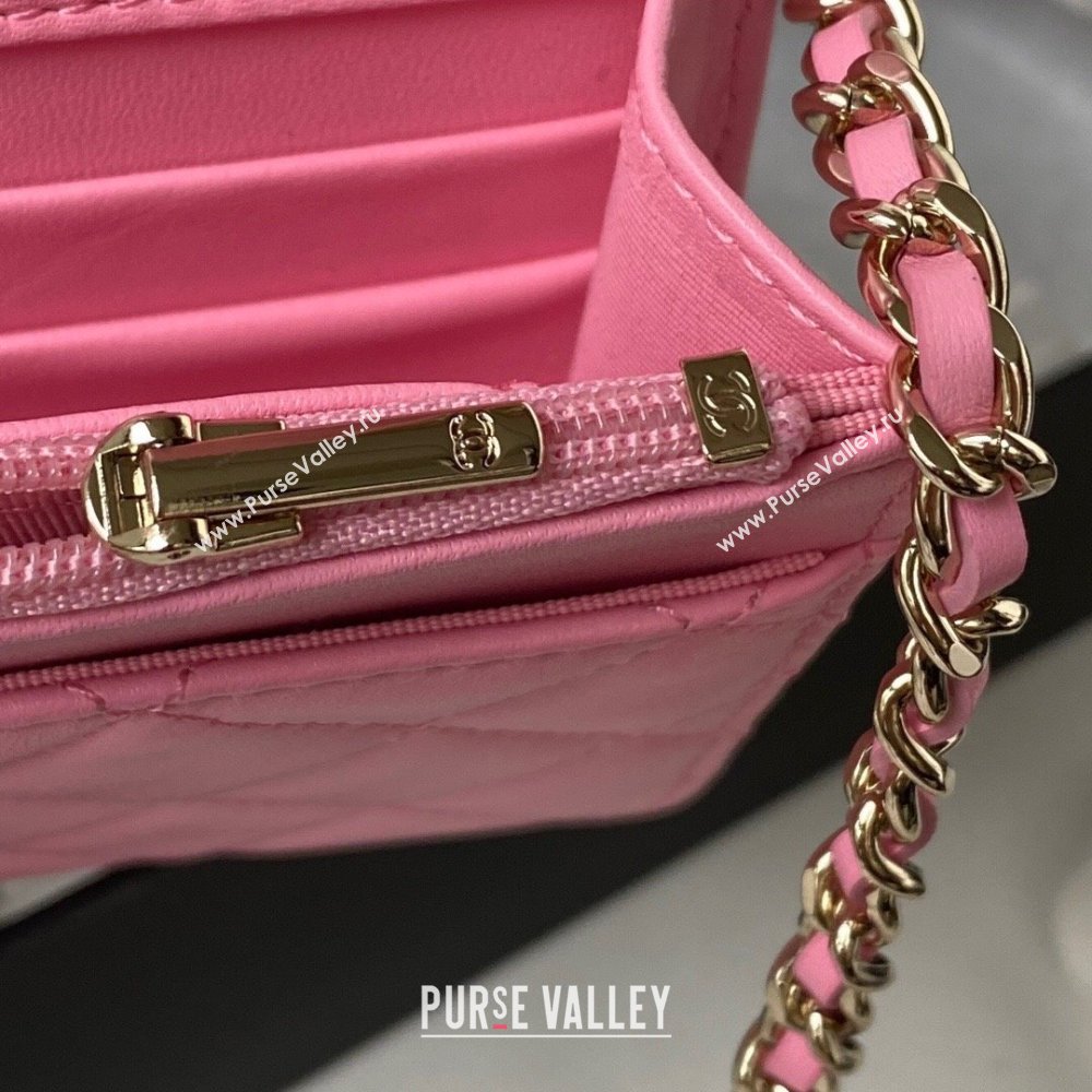 Chanel Lambskin Wallet on Chain WOC with Bloom Handle AP3574 Pink 2023 (yezi-231020002)