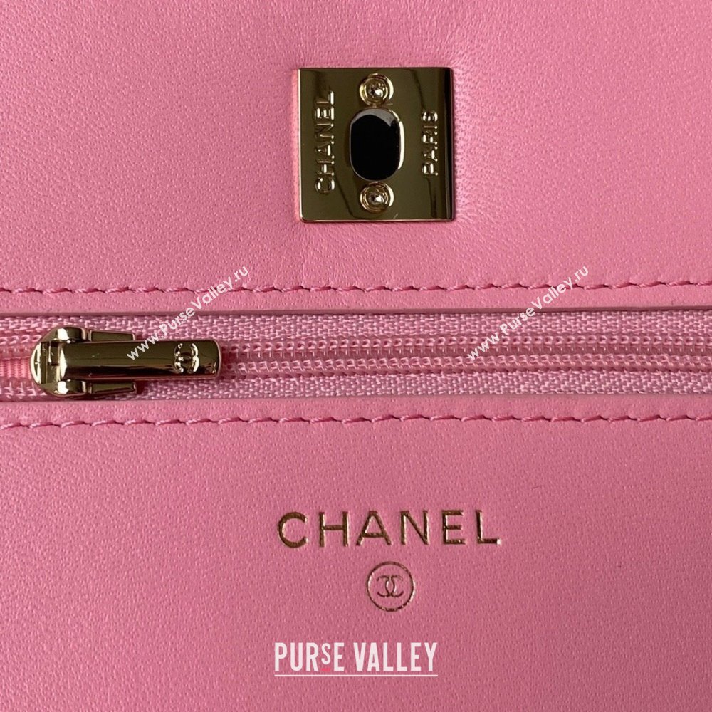 Chanel Lambskin Wallet on Chain WOC with Bloom Handle AP3574 Pink 2023 (yezi-231020002)