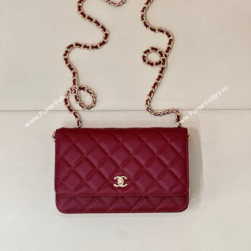 Chanel Grained Shiny Calfskin Classic Wallet on Chain WOC Dark Burgundy 2025 AP4241 (yezi-250703096)