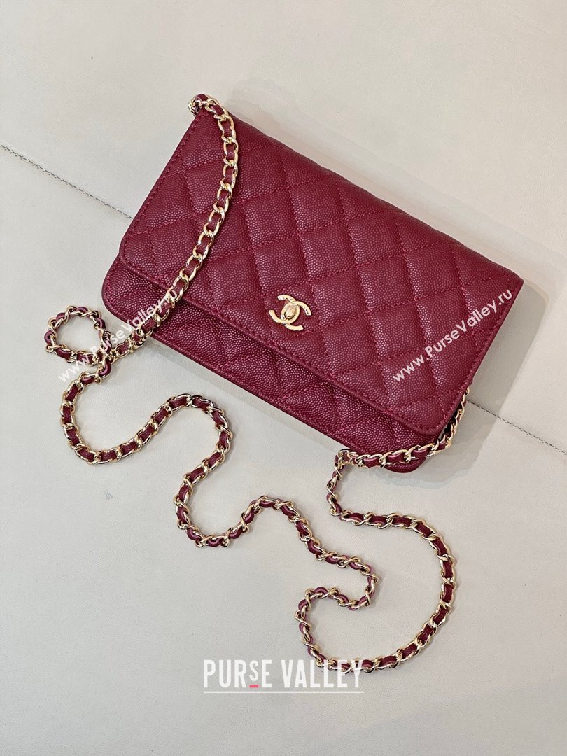 Chanel Grained Shiny Calfskin Classic Wallet on Chain WOC Dark Burgundy 2025 AP4241 (yezi-250703096)
