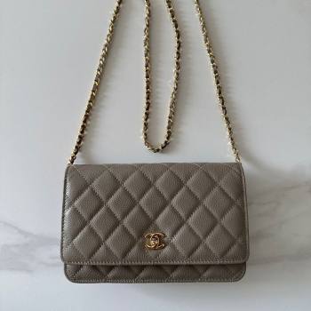 Chanel Grained Shiny Calfskin Classic Wallet on Chain WOC Grey/Gold AP4241 (yezi-250703097)
