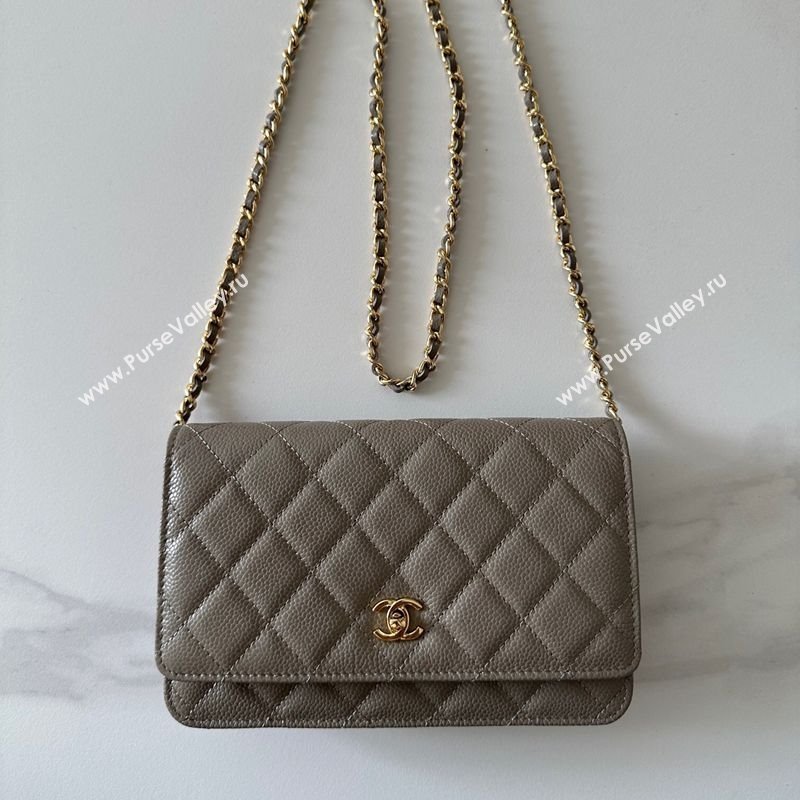Chanel Grained Shiny Calfskin Classic Wallet on Chain WOC Grey/Gold AP4241 (yezi-250703097)