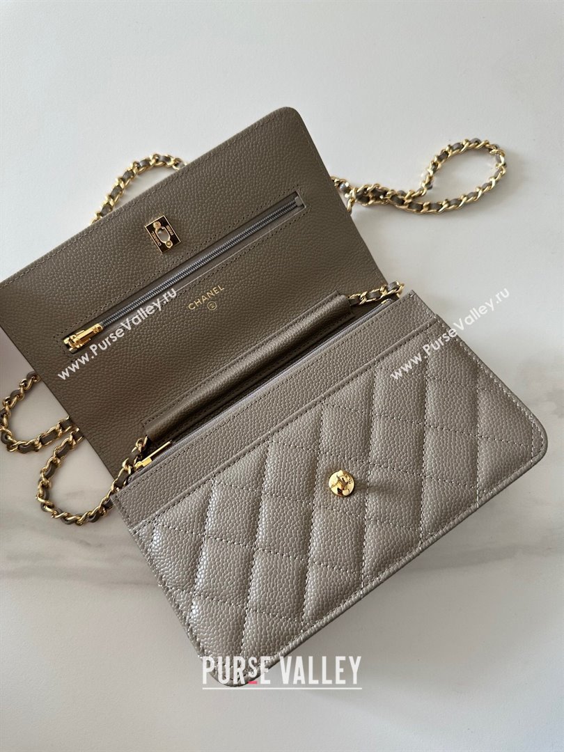 Chanel Grained Shiny Calfskin Classic Wallet on Chain WOC Grey/Gold AP4241 (yezi-250703097)
