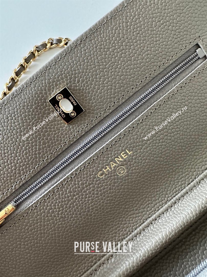 Chanel Grained Shiny Calfskin Classic Wallet on Chain WOC Grey/Gold AP4241 (yezi-250703097)