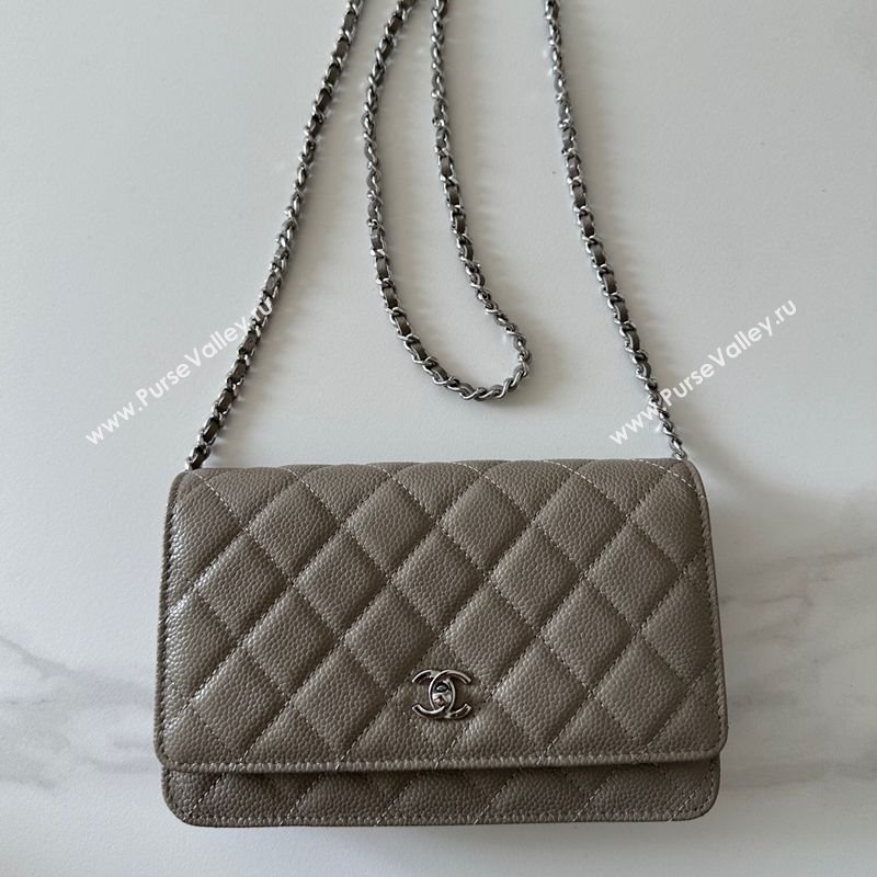 Chanel Grained Shiny Calfskin Classic Wallet on Chain WOC Grey/Silver 2025 AP4241 (yezi-250703098)