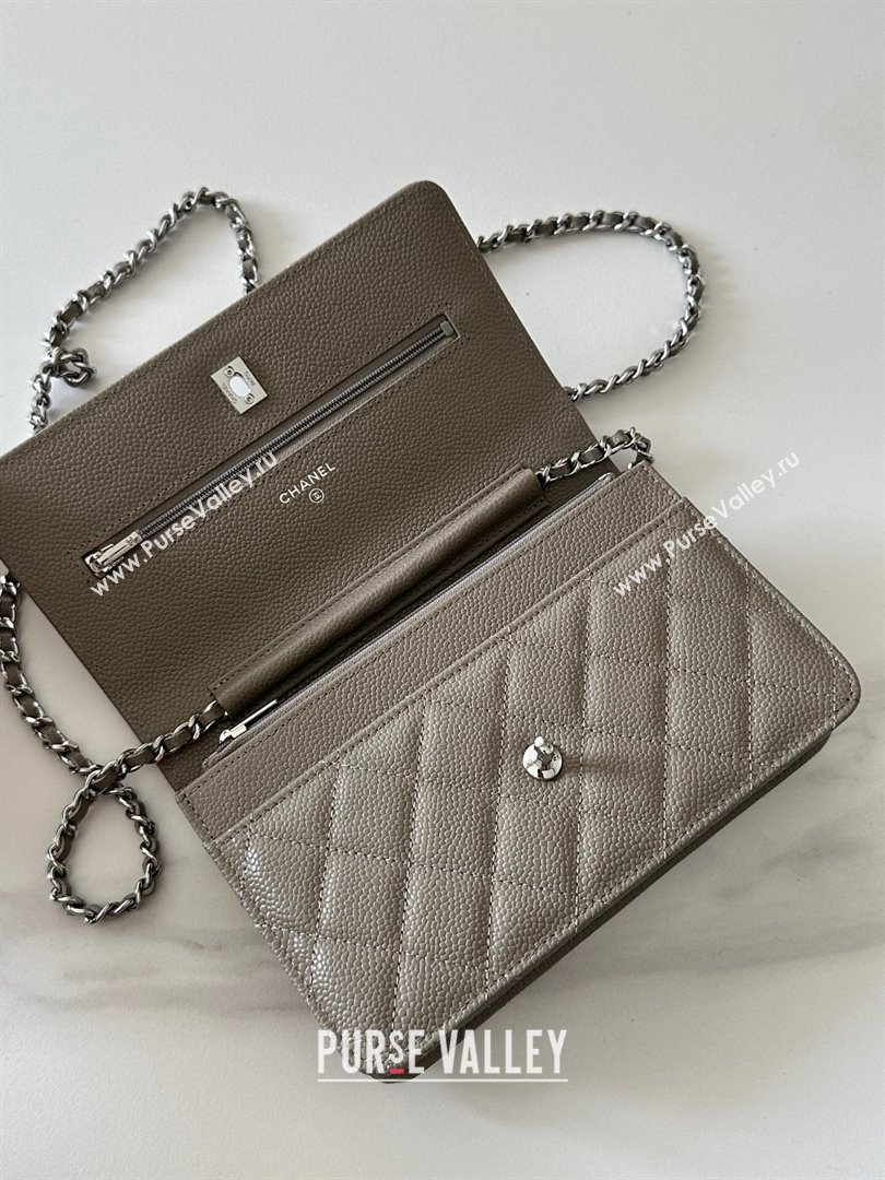 Chanel Grained Shiny Calfskin Classic Wallet on Chain WOC Grey/Silver 2025 AP4241 (yezi-250703098)