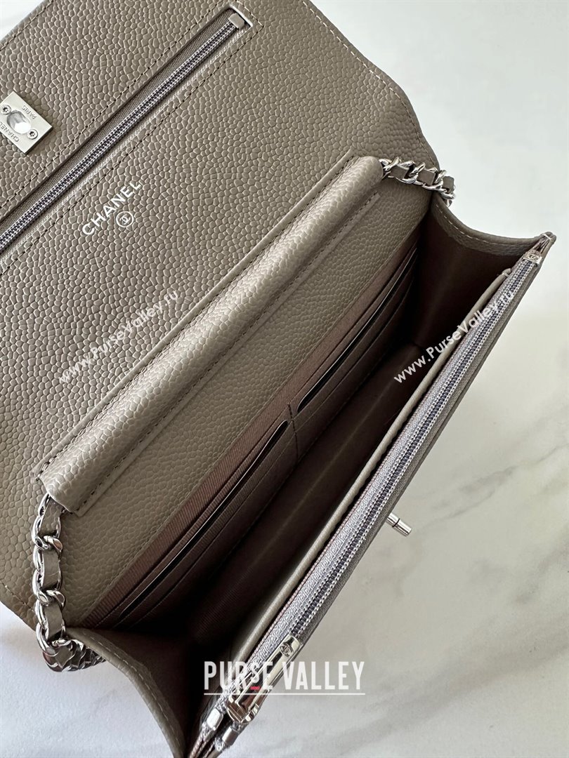 Chanel Grained Shiny Calfskin Classic Wallet on Chain WOC Grey/Silver 2025 AP4241 (yezi-250703098)