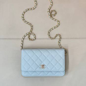 Chanel Grained Shiny Calfskin Classic Wallet on Chain WOC Light Blue 2025 AP4241 (yezi-250703093)