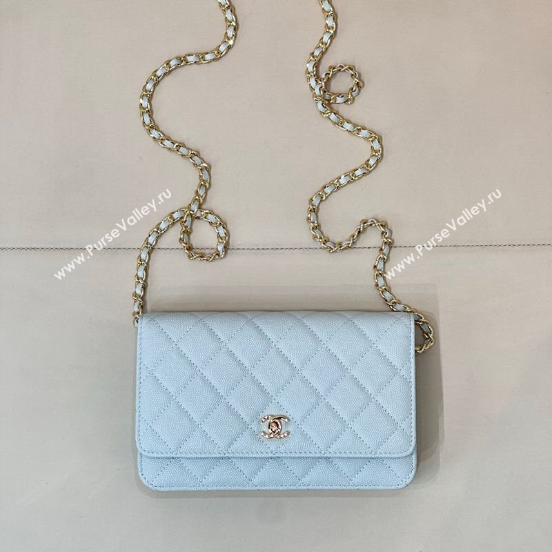 Chanel Grained Shiny Calfskin Classic Wallet on Chain WOC Light Blue 2025 AP4241 (yezi-250703093)