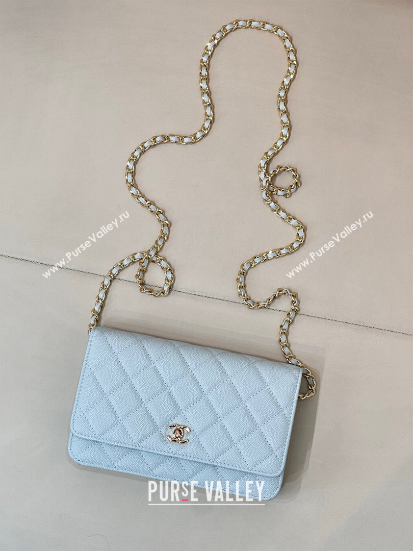 Chanel Grained Shiny Calfskin Classic Wallet on Chain WOC Light Blue 2025 AP4241 (yezi-250703093)