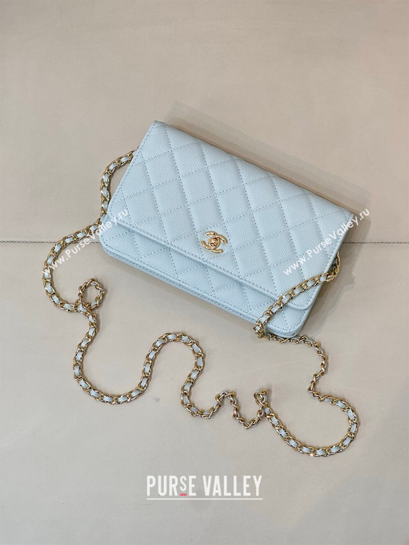 Chanel Grained Shiny Calfskin Classic Wallet on Chain WOC Light Blue 2025 AP4241 (yezi-250703093)