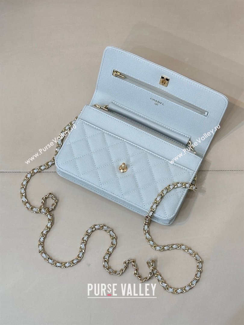 Chanel Grained Shiny Calfskin Classic Wallet on Chain WOC Light Blue 2025 AP4241 (yezi-250703093)