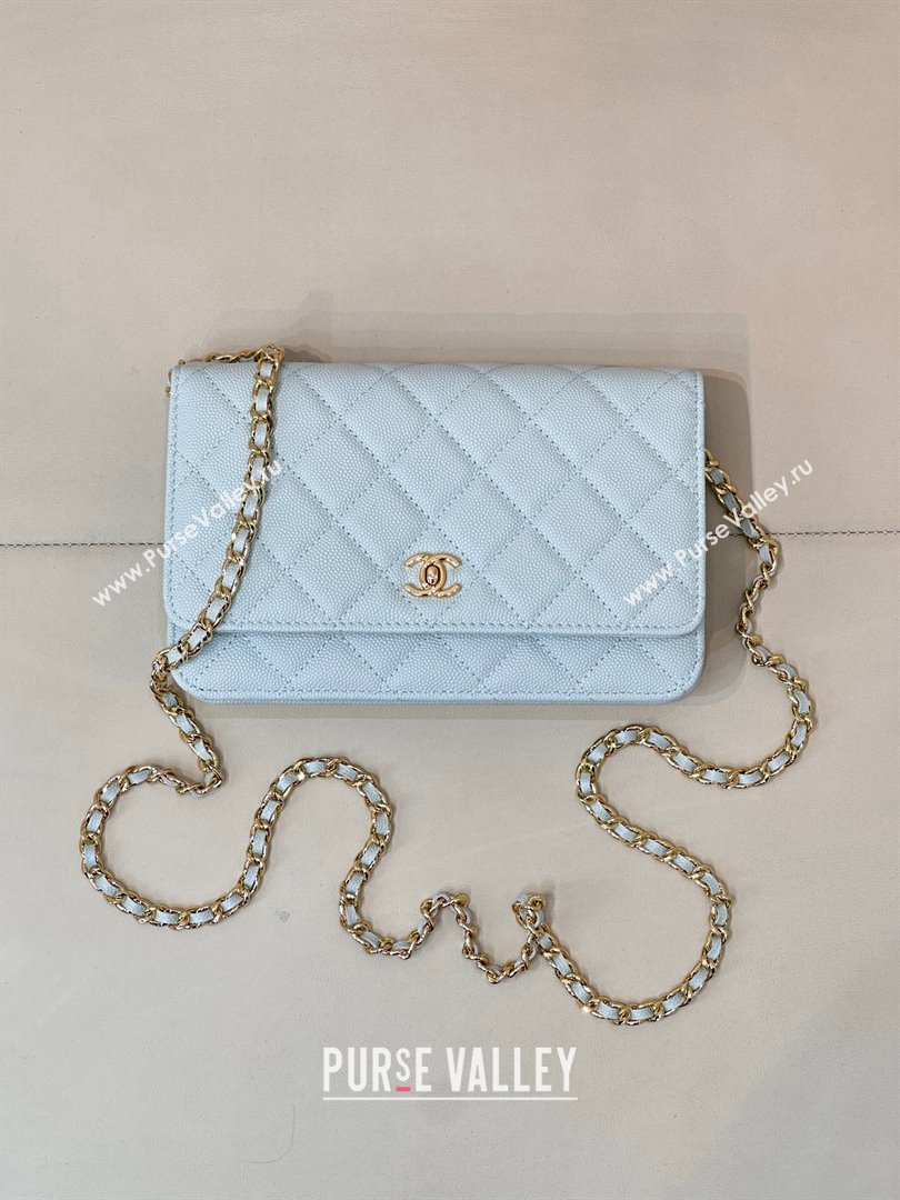 Chanel Grained Shiny Calfskin Classic Wallet on Chain WOC Light Blue 2025 AP4241 (yezi-250703093)