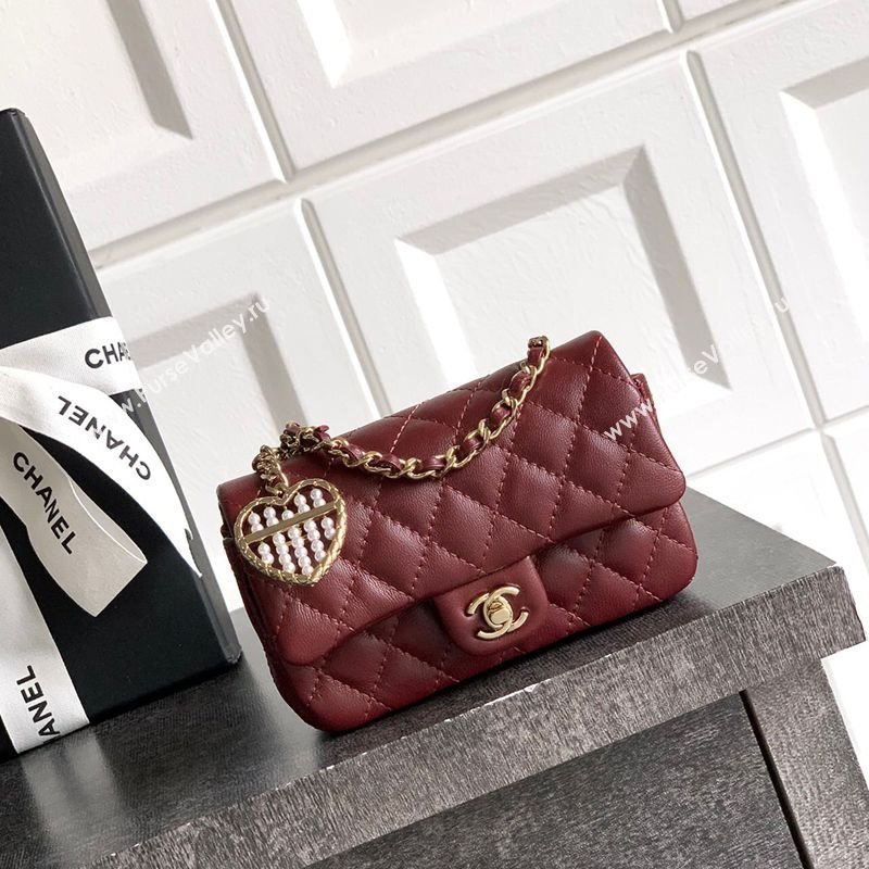 Chanel Lambskin Classic Mini Bag with hook and Heart Charm Burgundy 2025 AP4760 (yezi-250812055)