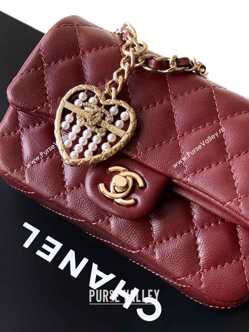 Chanel Lambskin Classic Mini Bag with hook and Heart Charm Burgundy 2025 AP4760 (yezi-250812055)