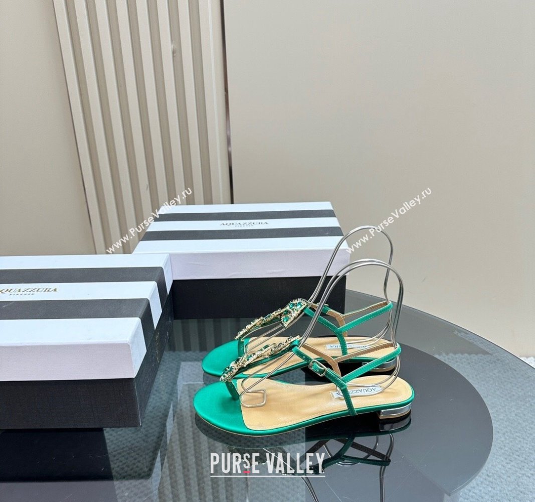 Aquazzura Satin Flat Thong Sandals with Strass Charm Green 2024 0629 (SS-240629013)