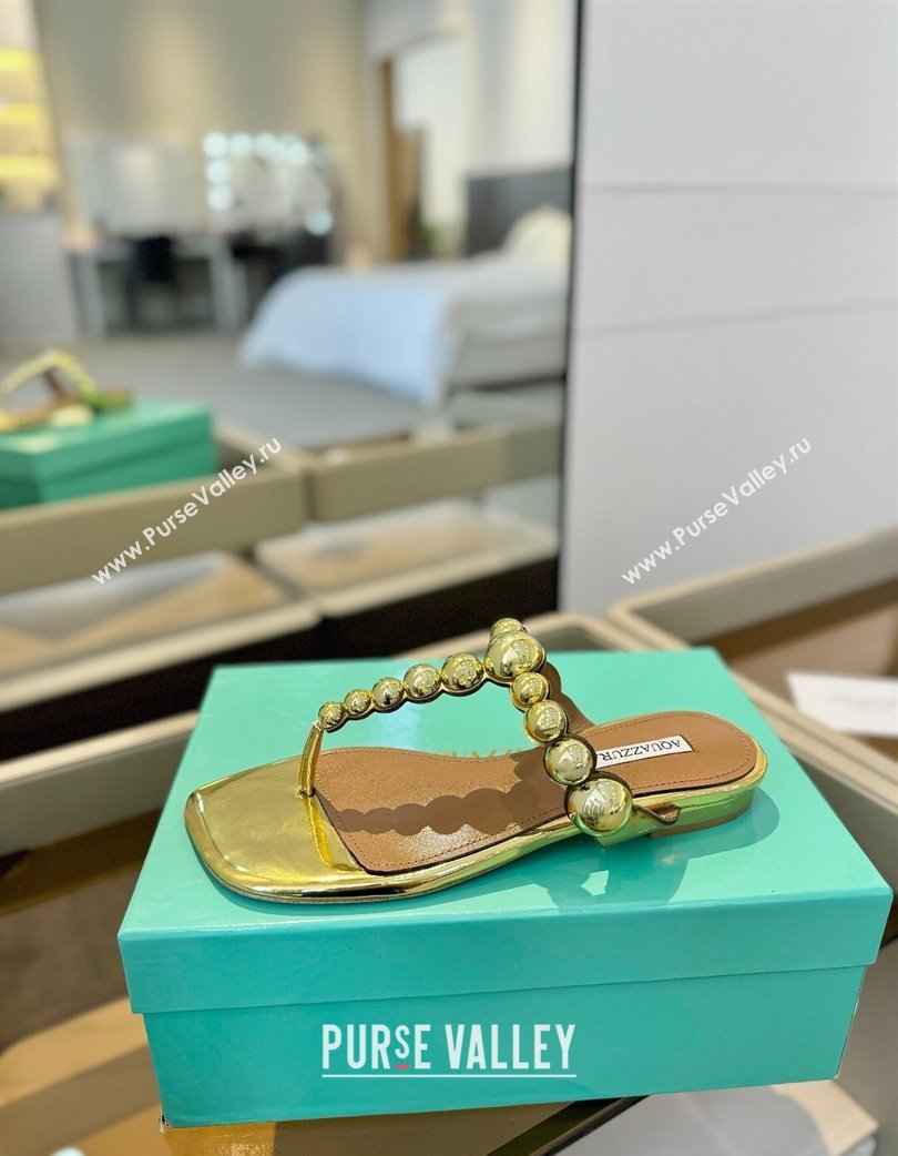 Aquazzura Gatsby Flat Thong Slide Sandals in Lambskin and Studs Gold-Tone 2025 0224 (MD-250224023)