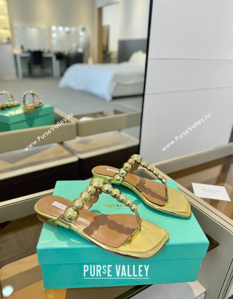 Aquazzura Gatsby Flat Thong Slide Sandals in Lambskin and Studs Gold-Tone 2025 0224 (MD-250224023)