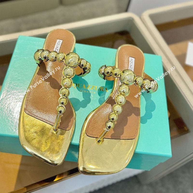 Aquazzura Gatsby Flat Thong Slide Sandals in Lambskin and Studs Gold-Tone 2025 0224 (MD-250224023)
