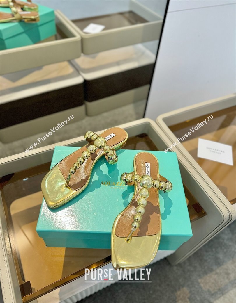 Aquazzura Gatsby Flat Thong Slide Sandals in Lambskin and Studs Gold-Tone 2025 0224 (MD-250224023)