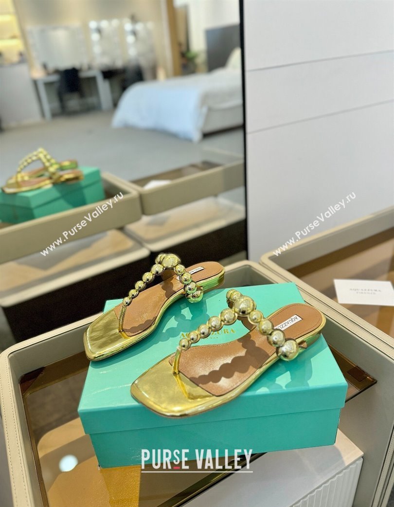 Aquazzura Gatsby Flat Thong Slide Sandals in Lambskin and Studs Gold-Tone 2025 0224 (MD-250224023)
