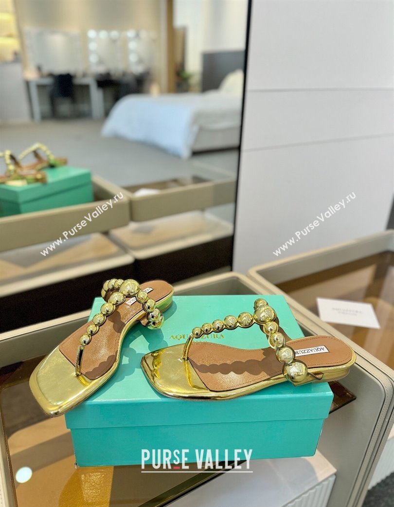 Aquazzura Gatsby Flat Thong Slide Sandals in Lambskin and Studs Gold-Tone 2025 0224 (MD-250224023)