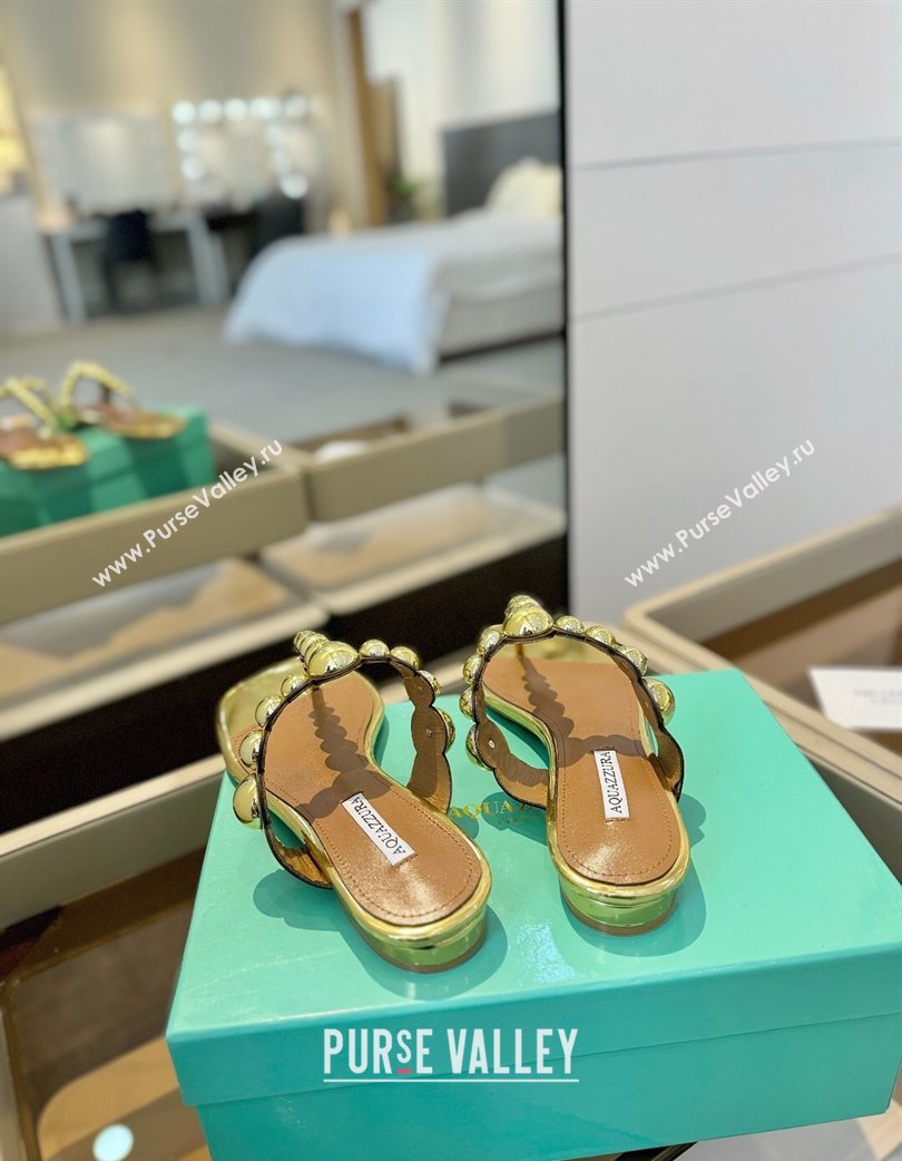 Aquazzura Gatsby Flat Thong Slide Sandals in Lambskin and Studs Gold-Tone 2025 0224 (MD-250224023)