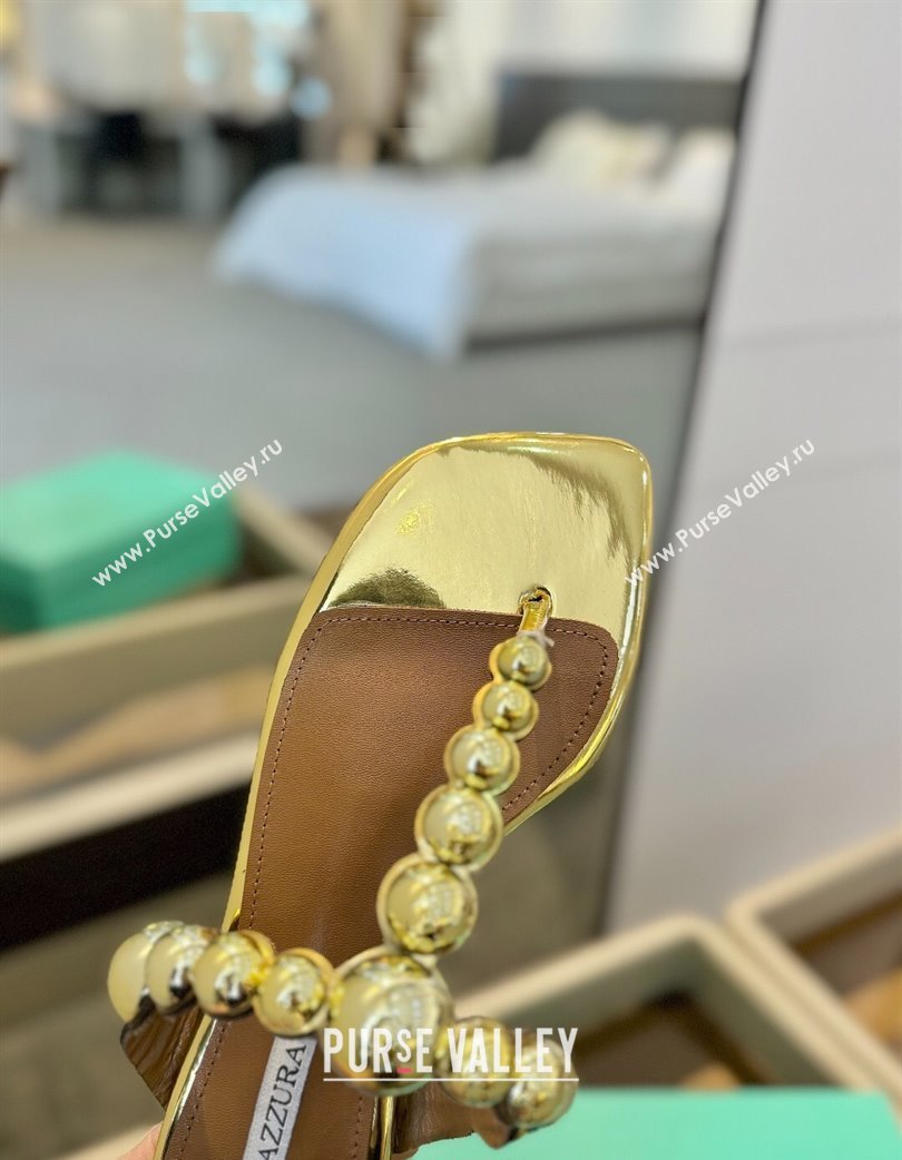 Aquazzura Gatsby Flat Thong Slide Sandals in Lambskin and Studs Gold-Tone 2025 0224 (MD-250224023)