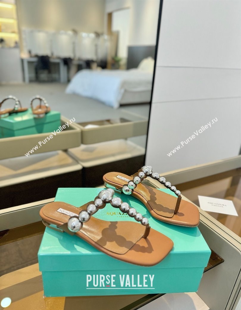 Aquazzura Gatsby Flat Thong Slide Sandals in Lambskin and Studs Brown 2025 0224 (MD-250224025)