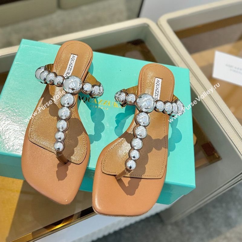 Aquazzura Gatsby Flat Thong Slide Sandals in Lambskin and Studs Brown 2025 0224 (MD-250224025)