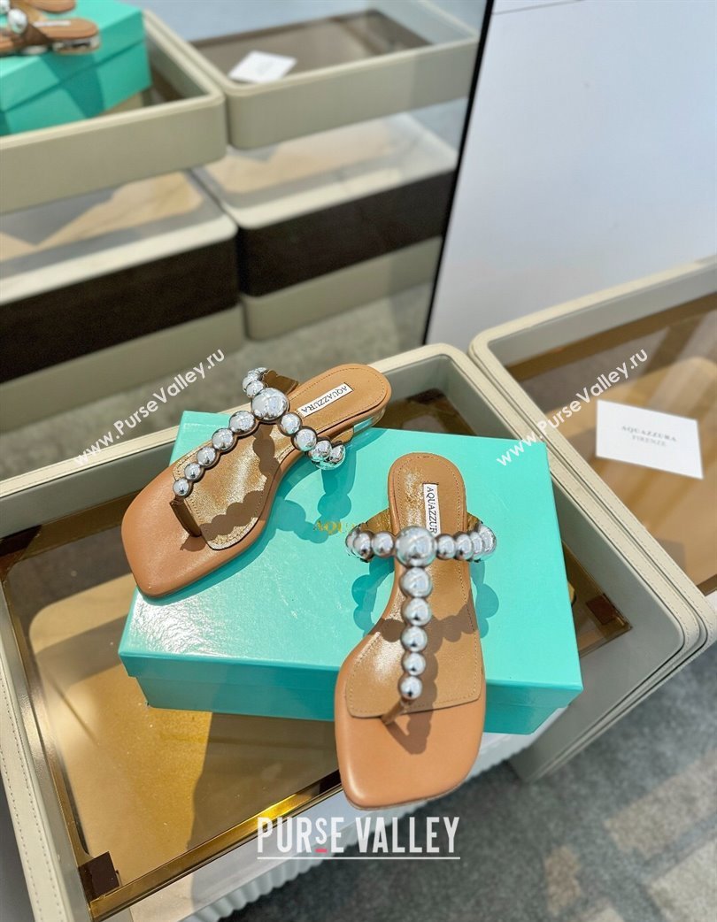 Aquazzura Gatsby Flat Thong Slide Sandals in Lambskin and Studs Brown 2025 0224 (MD-250224025)