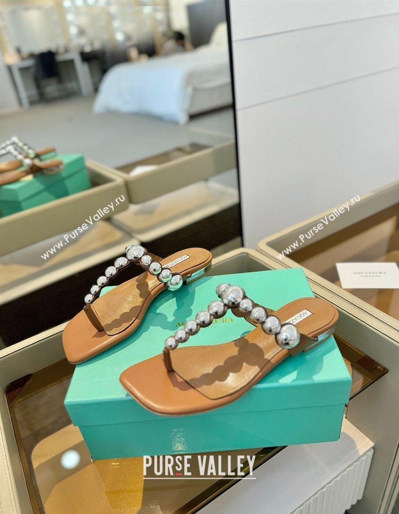 Aquazzura Gatsby Flat Thong Slide Sandals in Lambskin and Studs Brown 2025 0224 (MD-250224025)