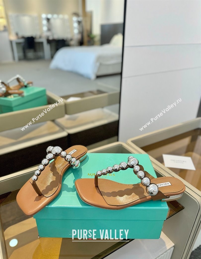 Aquazzura Gatsby Flat Thong Slide Sandals in Lambskin and Studs Brown 2025 0224 (MD-250224025)