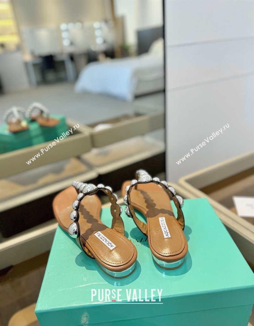 Aquazzura Gatsby Flat Thong Slide Sandals in Lambskin and Studs Brown 2025 0224 (MD-250224025)