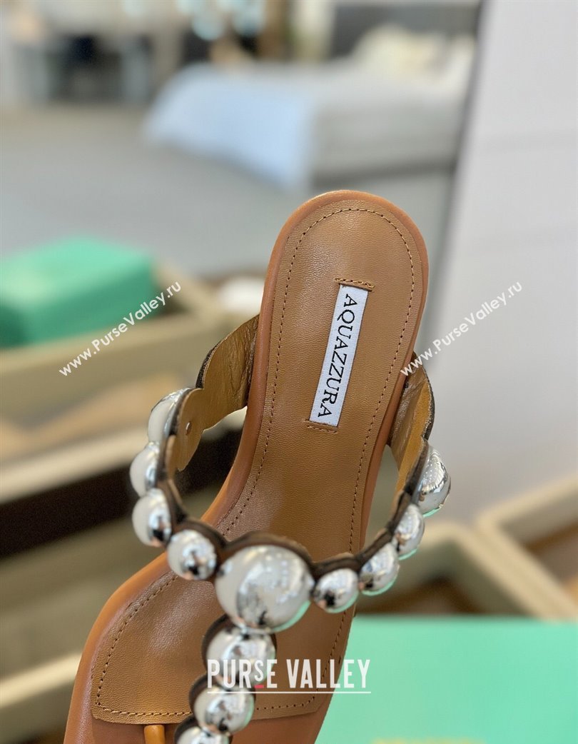 Aquazzura Gatsby Flat Thong Slide Sandals in Lambskin and Studs Brown 2025 0224 (MD-250224025)