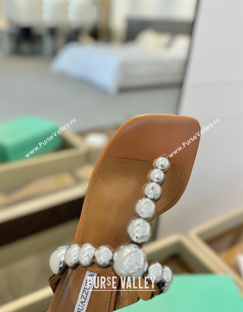 Aquazzura Gatsby Flat Thong Slide Sandals in Lambskin and Studs Brown 2025 0224 (MD-250224025)