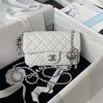 Chanel Lambskin Silver-Tone Metal Flap Bag AS1787 with Ball White 2023 (yezi-231020013)