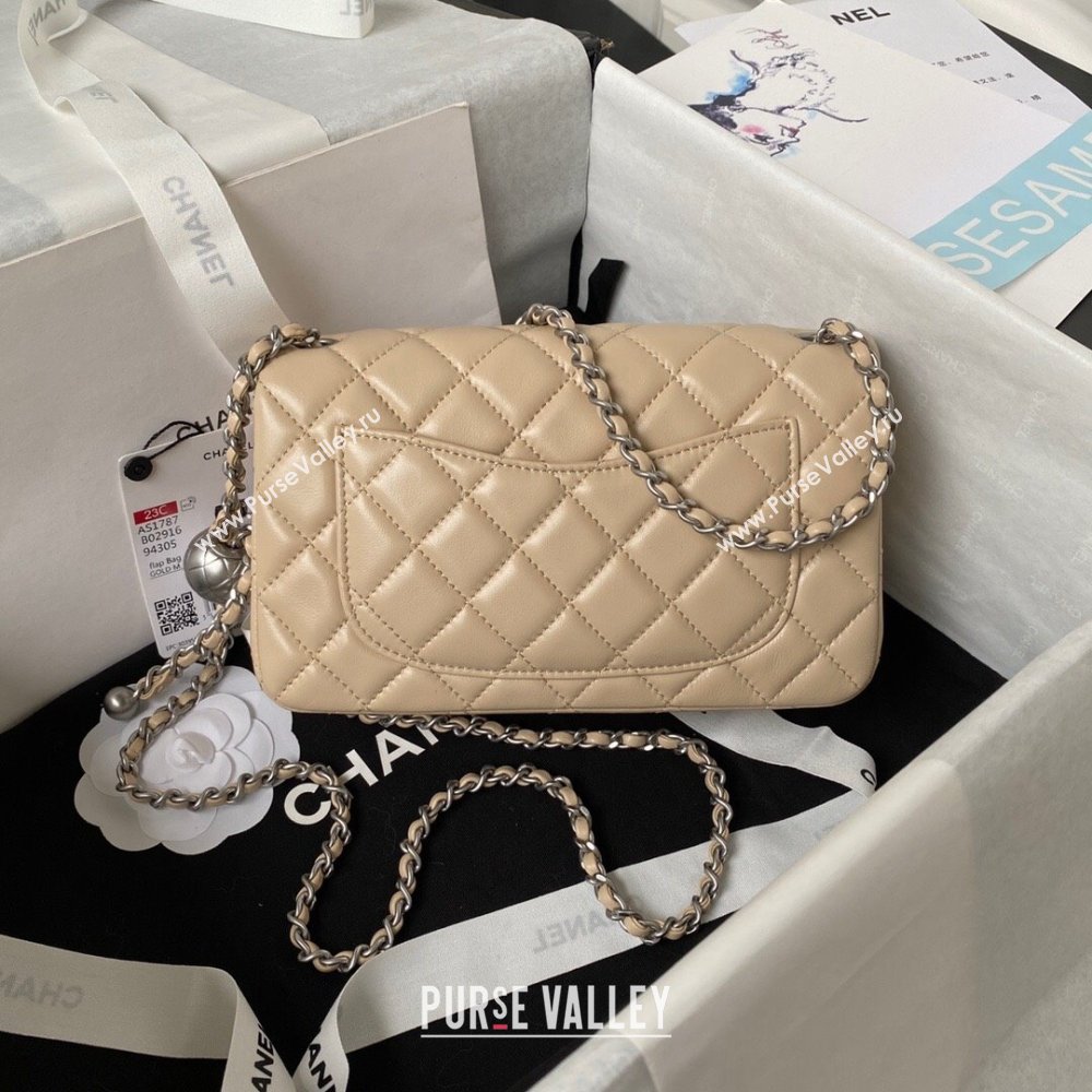 Chanel Lambskin Silver-Tone Metal Flap Bag AS1787 with Ball Beige 2023 (yezi-231020015)