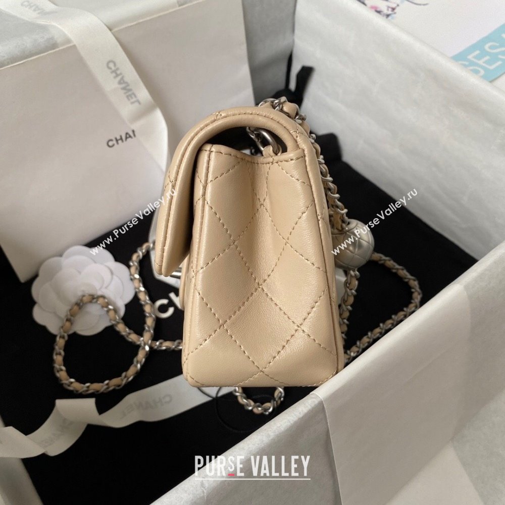 Chanel Lambskin Silver-Tone Metal Flap Bag AS1787 with Ball Beige 2023 (yezi-231020015)