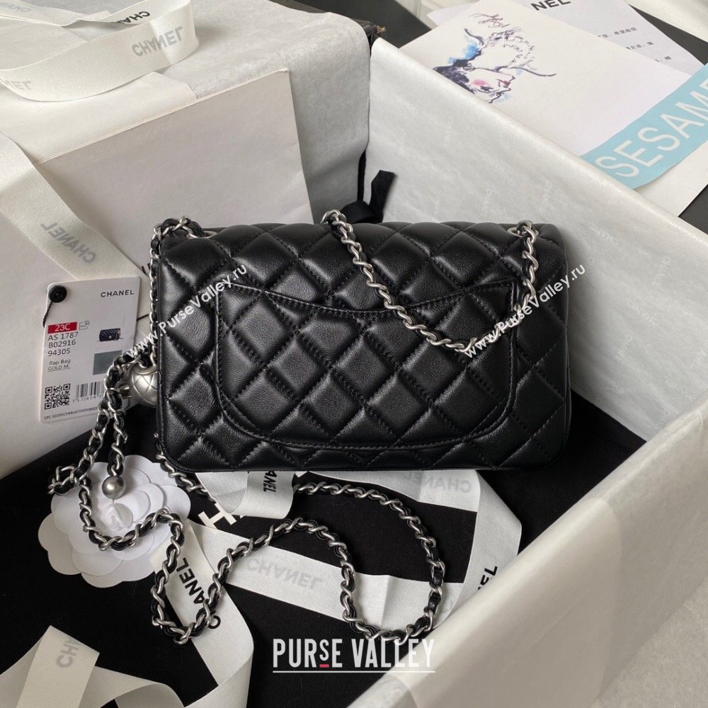 Chanel Lambskin Silver-Tone Metal Flap Bag AS1787 with Ball Black 2023 (yezi-231020016)