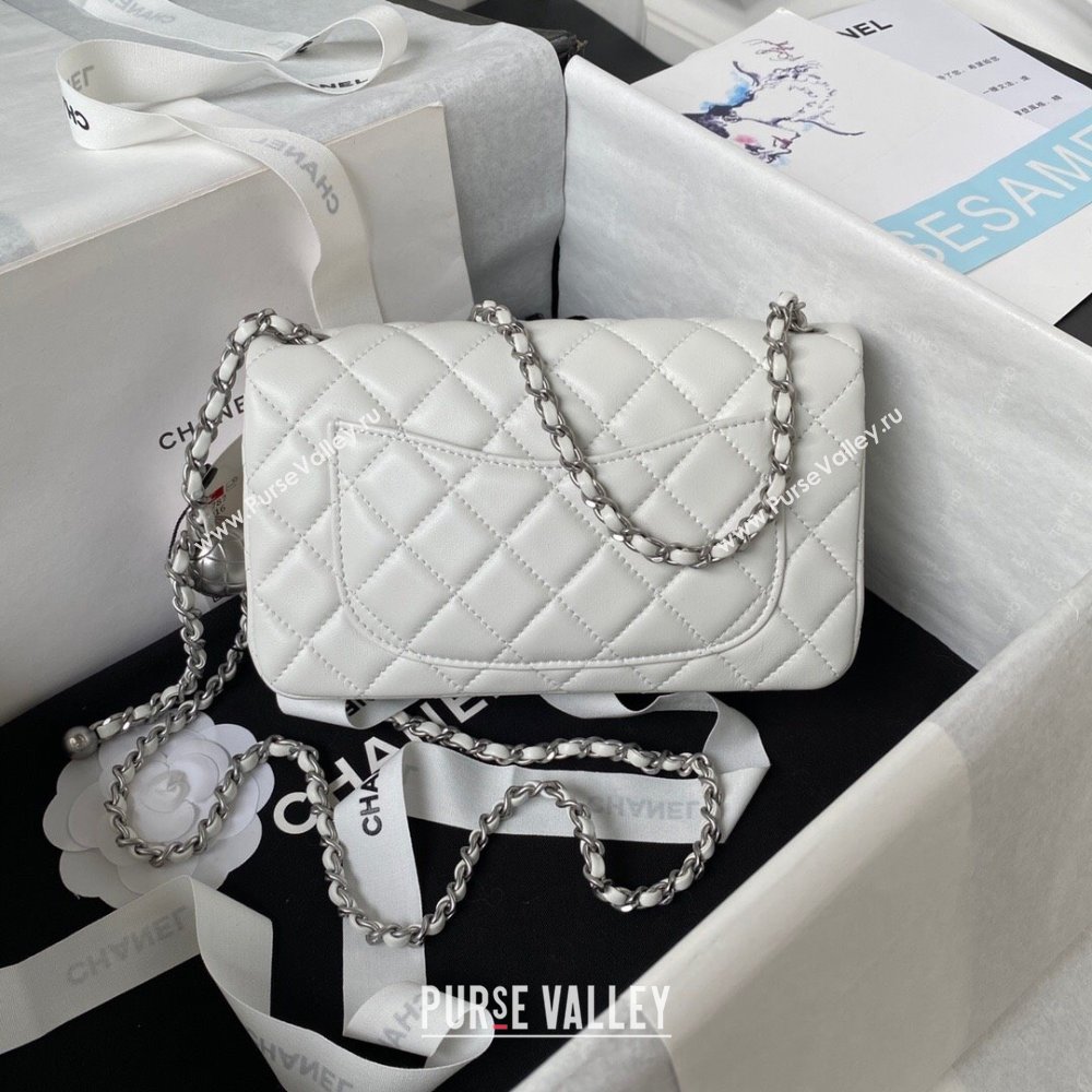 Chanel Lambskin Silver-Tone Metal Flap Bag AS1787 with Ball White 2023 (yezi-231020013)